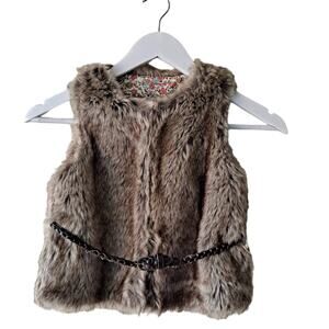 Brown Faux Fur Floral Lined Vest with Braided Leather Belt Girls Size Medium 5-6
